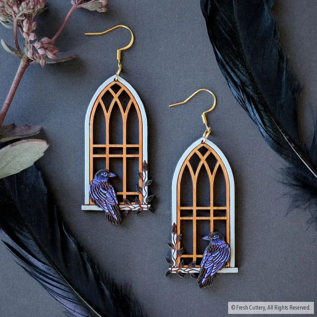 Gothic Cathedral Raven Earrings Gold Ear Wires Dangle and Drop Earrings