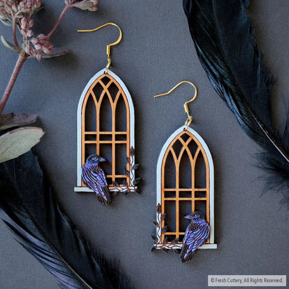 Gothic Cathedral Raven Earrings Gold Ear Wires Dangle and Drop Earrings