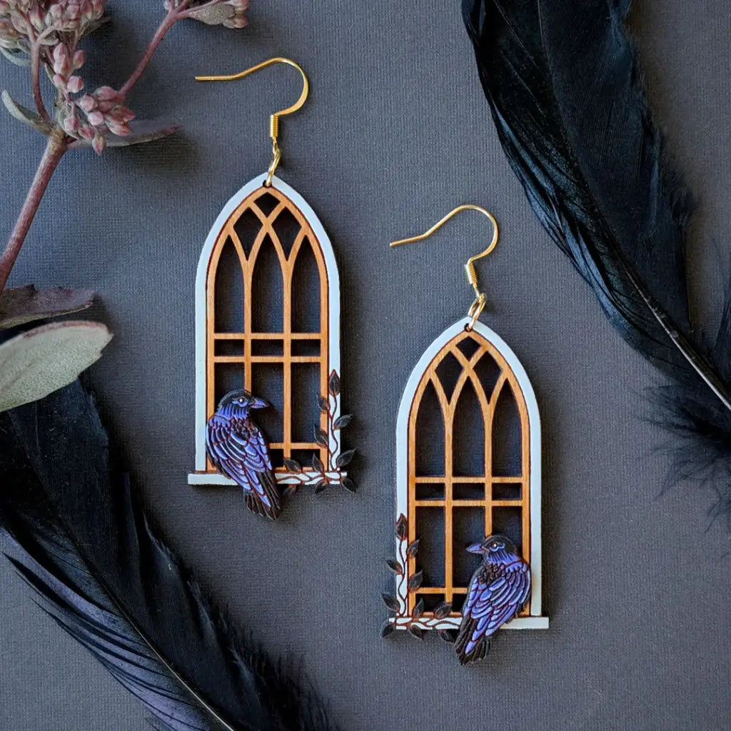 Gothic Cathedral Raven Earrings Gold Ear Wires Dangle and Drop Earrings