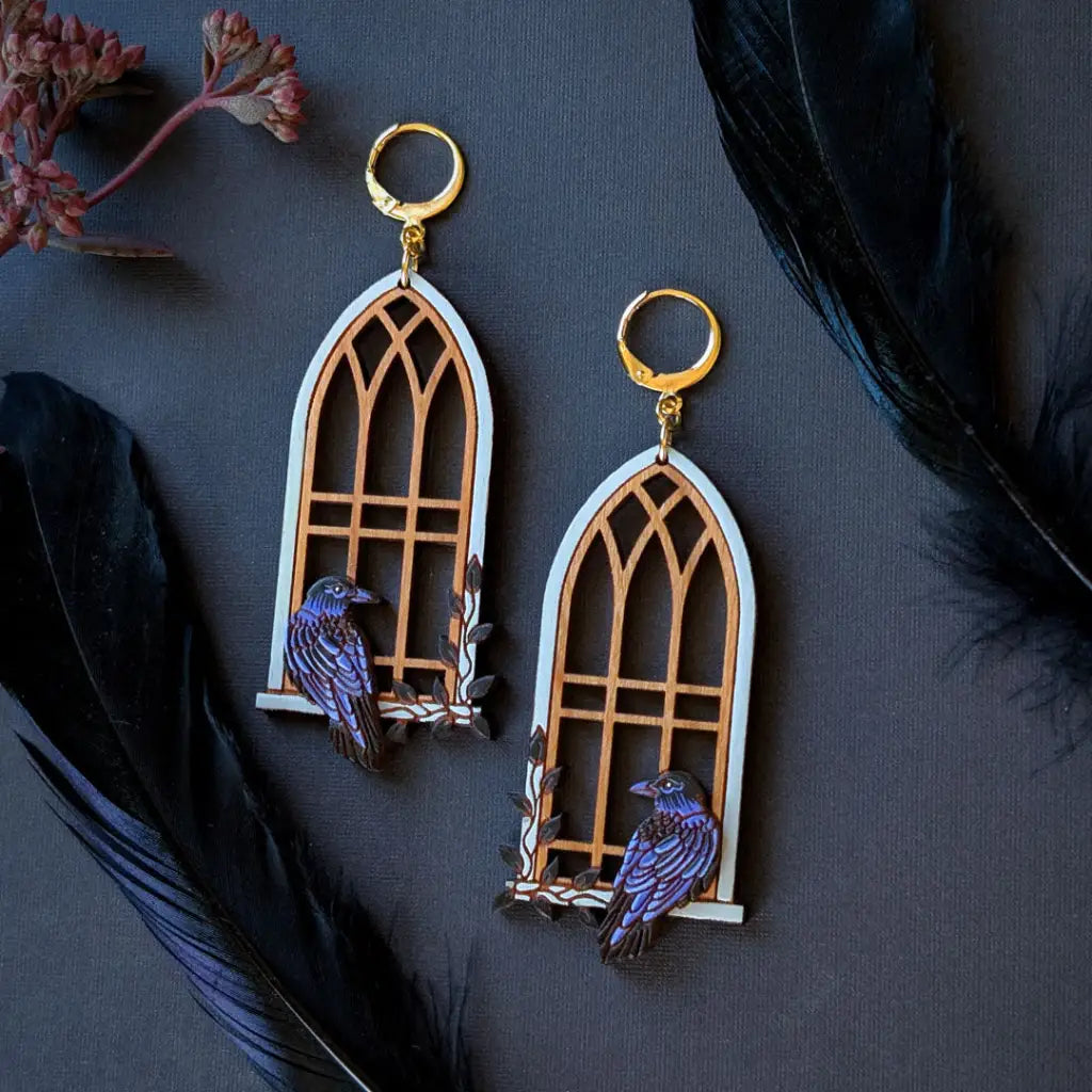 Gothic Cathedral Raven Earrings Gold Leverbacks Dangle and Drop Earrings