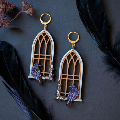 Gothic Cathedral Raven Earrings Gold Leverbacks Dangle and Drop Earrings