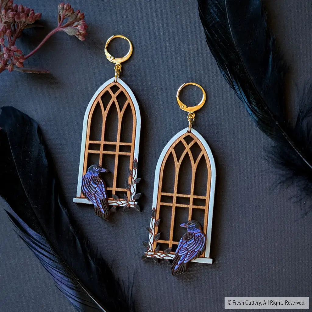 Gothic Cathedral Raven Earrings Gold Leverbacks Dangle and Drop Earrings