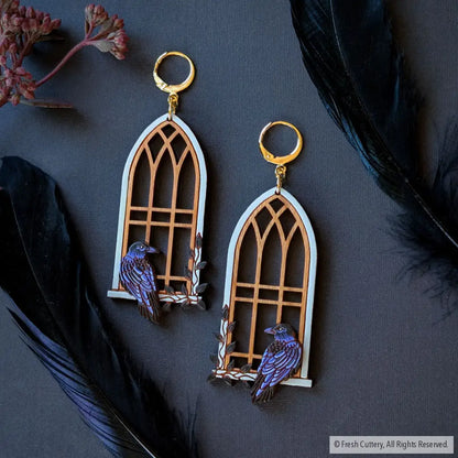 Gothic Cathedral Raven Earrings Gold Leverbacks Dangle and Drop Earrings
