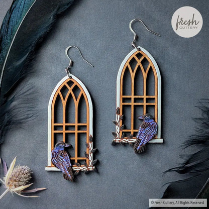 Gothic Cathedral Raven Earrings Silver Ear Wires Dangle and Drop Earrings