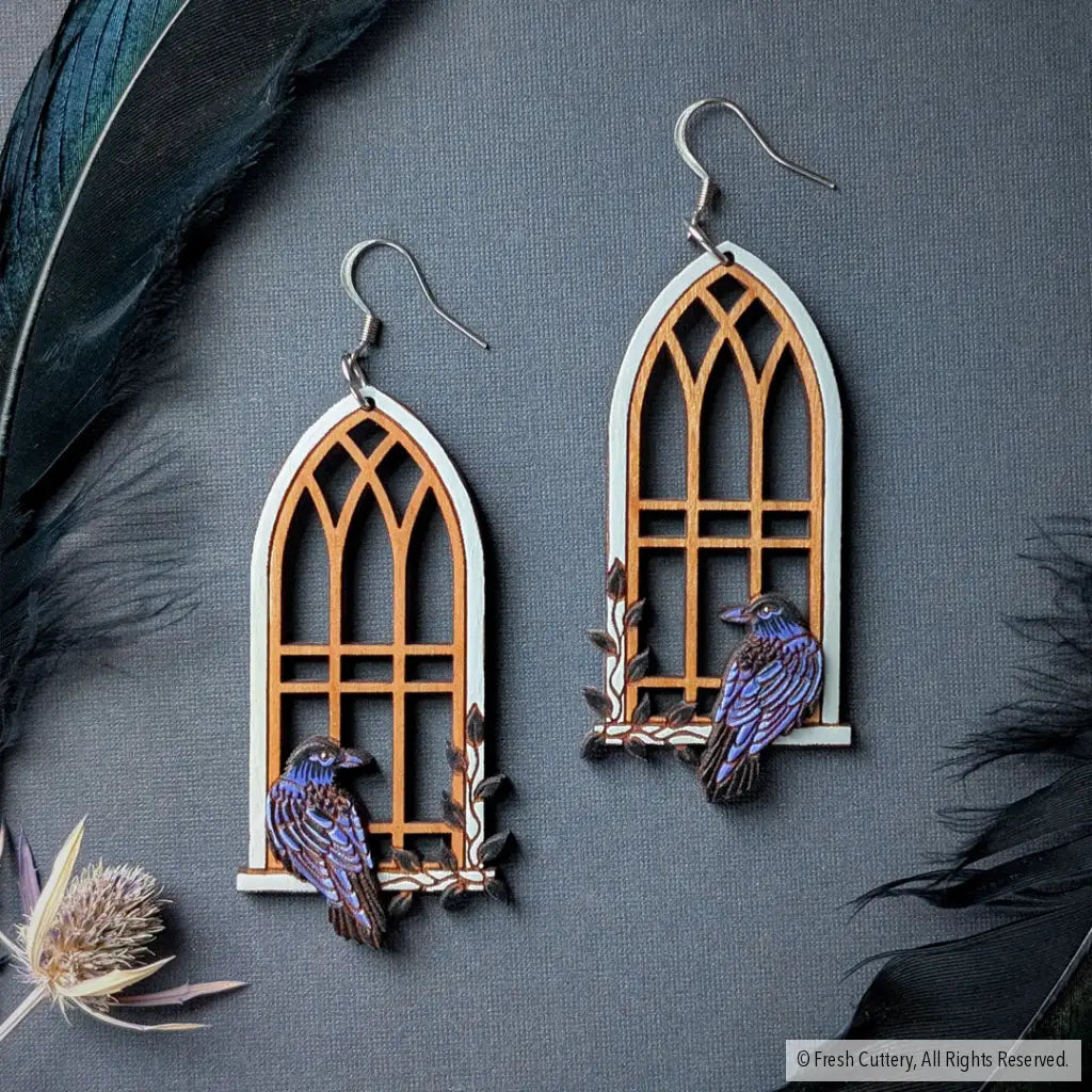 Gothic Cathedral Raven Earrings Silver Ear Wires Dangle and Drop Earrings