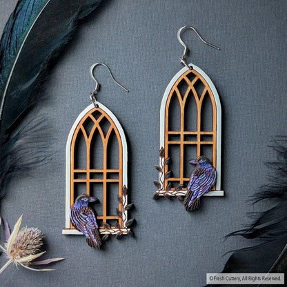 Gothic Cathedral Raven Earrings Silver Ear Wires Dangle and Drop Earrings