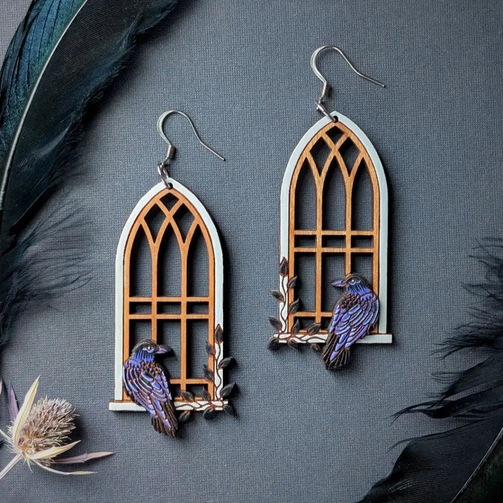 Gothic Cathedral Raven Earrings Silver Ear Wires Dangle and Drop Earrings
