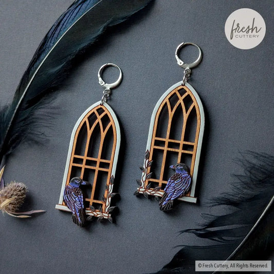 Gothic Cathedral Raven Earrings Silver Leverbacks Dangle and Drop Earrings