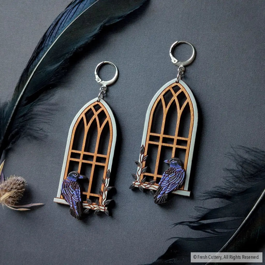 Gothic Cathedral Raven Earrings Silver Leverbacks Dangle and Drop Earrings