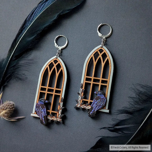 Gothic Cathedral Raven Earrings Silver Leverbacks Dangle and Drop Earrings