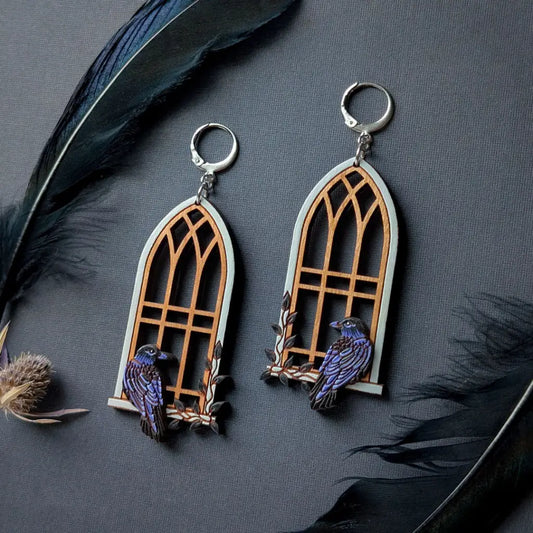 Gothic Cathedral Raven Earrings Silver Leverbacks Dangle and Drop Earrings
