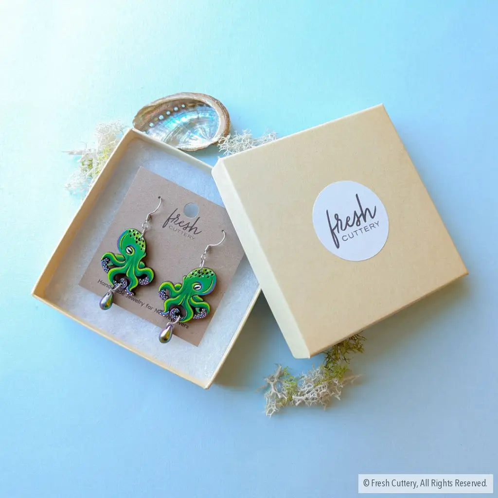 Green Octopus Earrings - Dangle and Drop Earrings