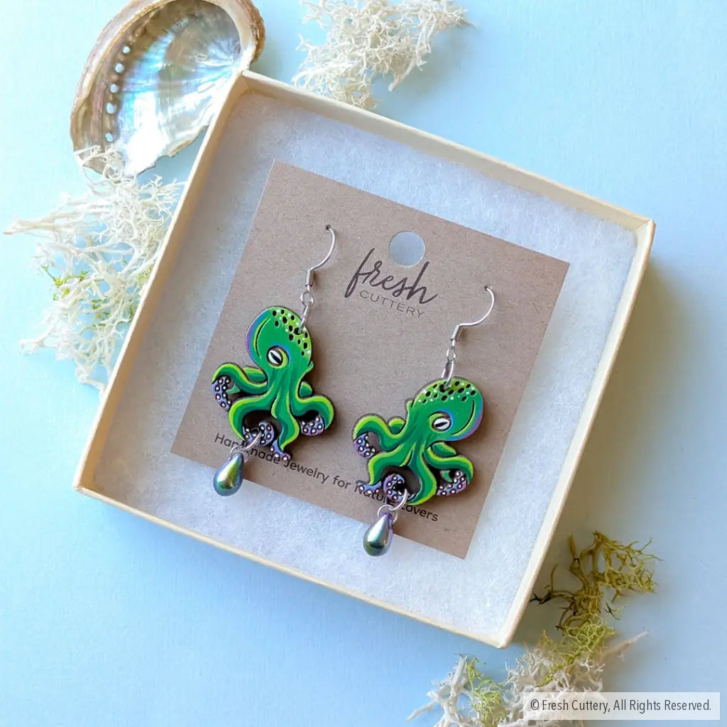 Green Octopus Earrings - Dangle and Drop Earrings