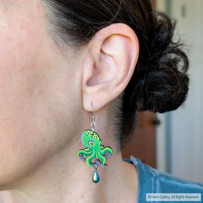 Green Octopus Earrings - Dangle and Drop Earrings