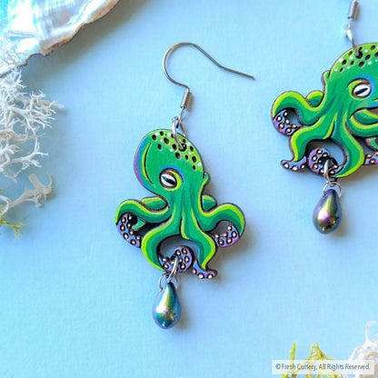 Green Octopus Earrings - Dangle and Drop Earrings