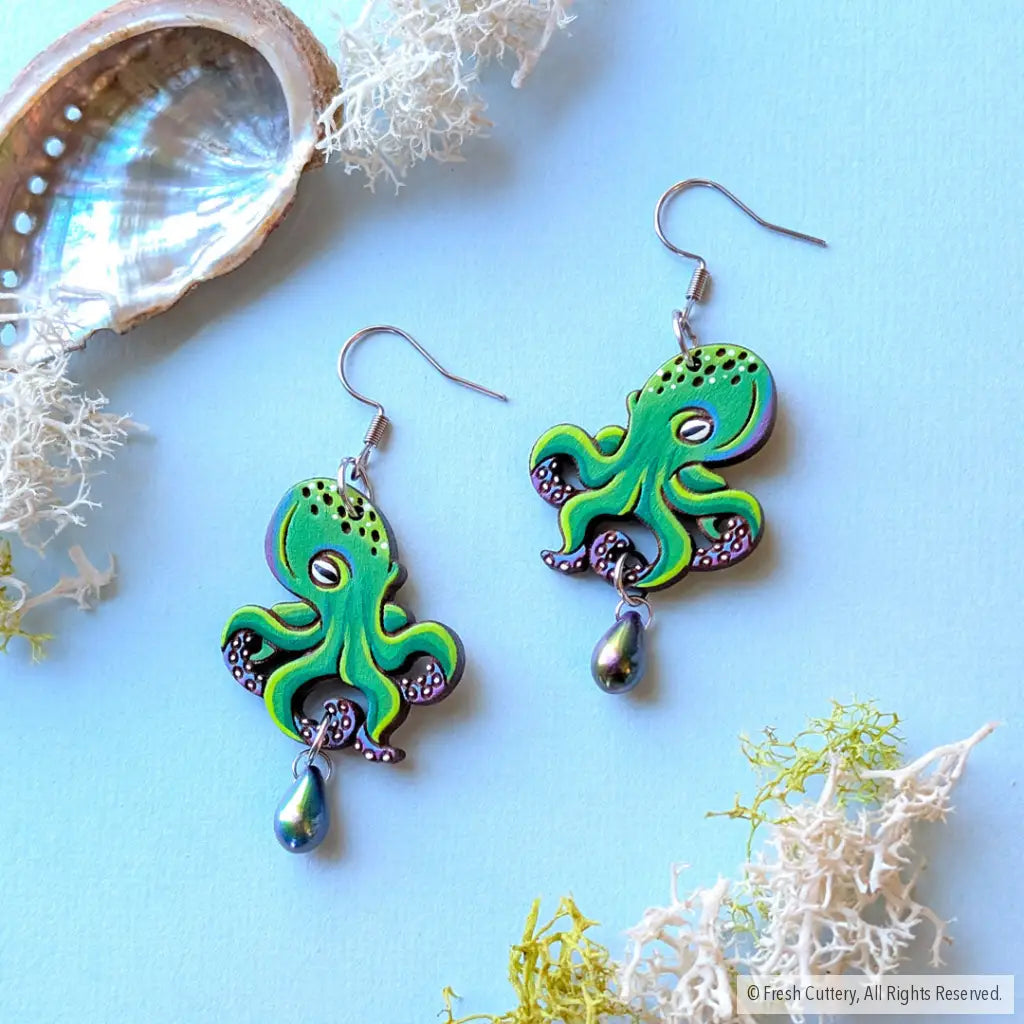 Green Octopus Earrings - Dangle and Drop Earrings