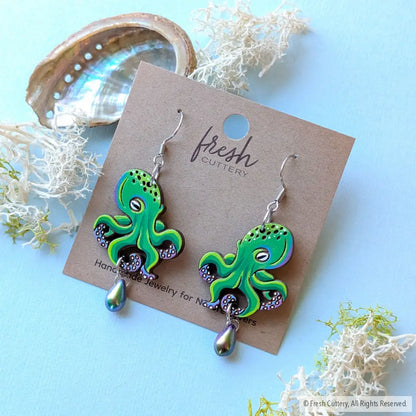Green Octopus Earrings - Dangle and Drop Earrings