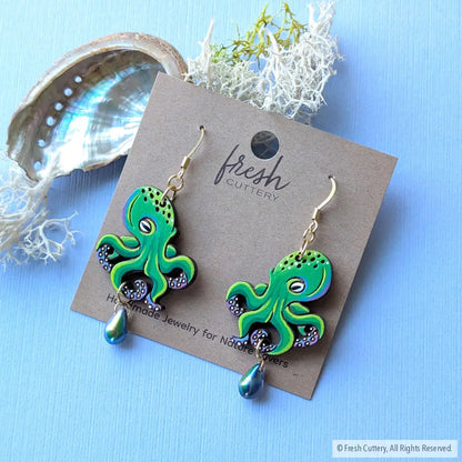 Green Octopus Earrings - Gold Ear Wires - Dangle and Drop Earrings