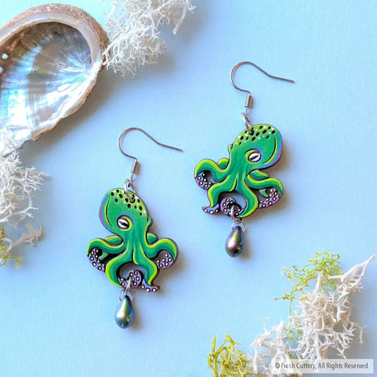 Green Octopus Earrings - Dangle and Drop Earrings