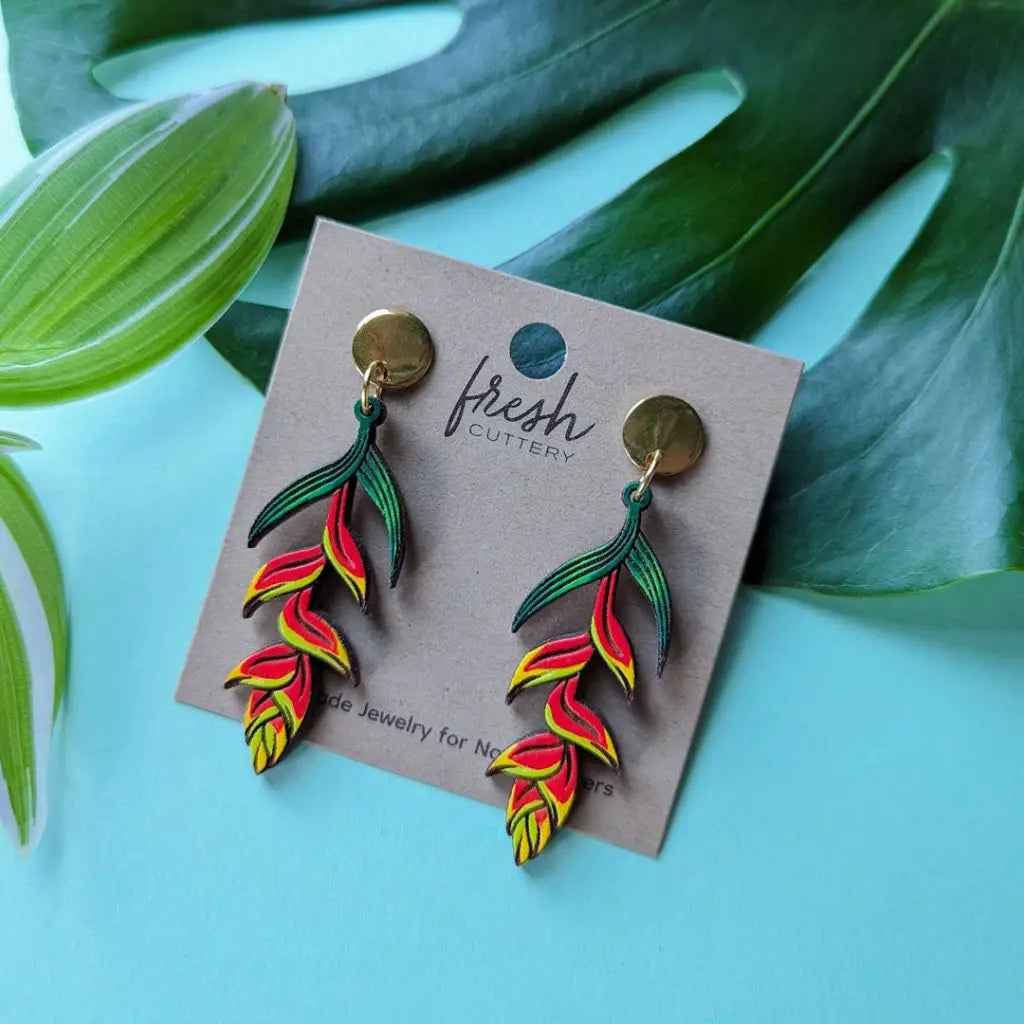 Heliconia Rostrata Earrings Gold Round Posts Dangle And Drop