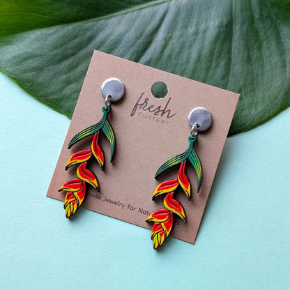 Heliconia Rostrata Earrings Silver Round Posts Dangle and Drop Earrings