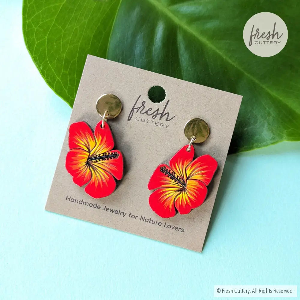 Hibiscus Earrings Gold Round Posts Dangle And Drop