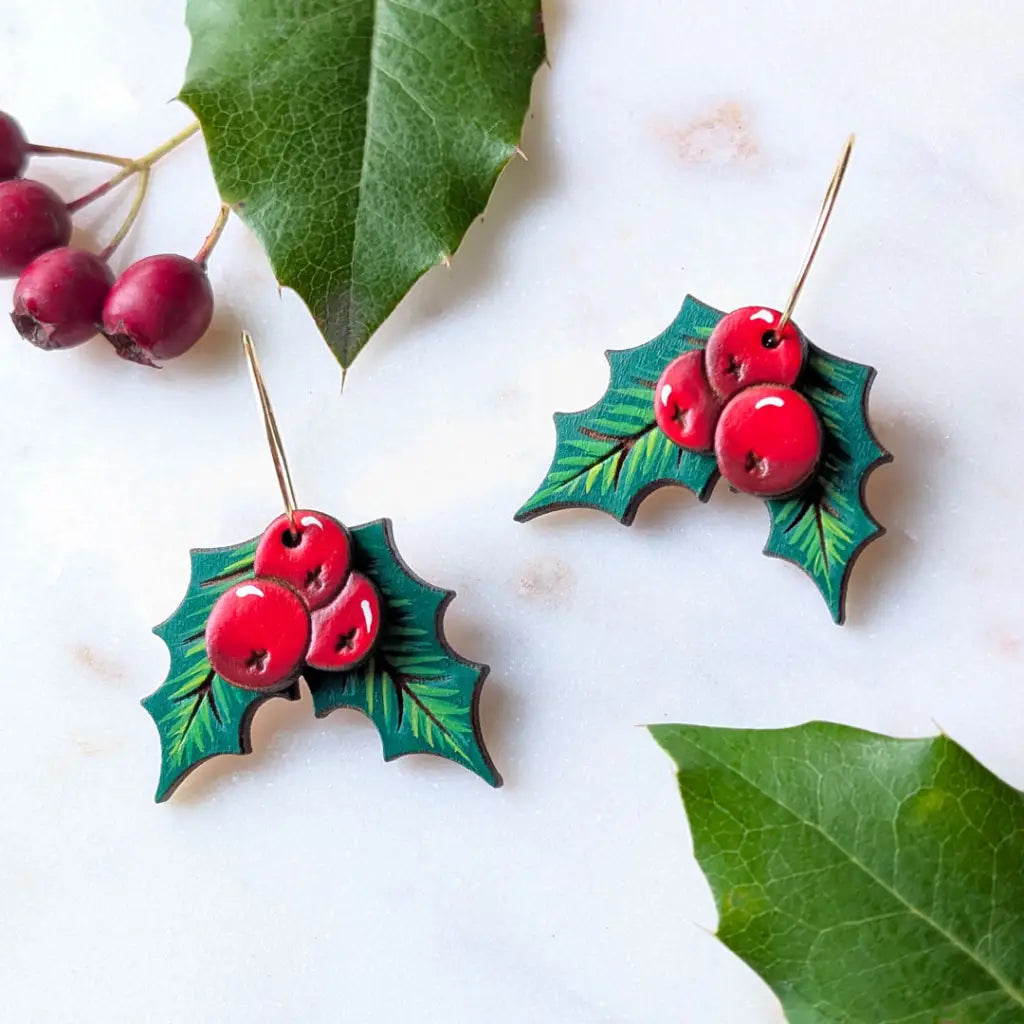 Holly Berry Earrings Dangle and Drop Earrings