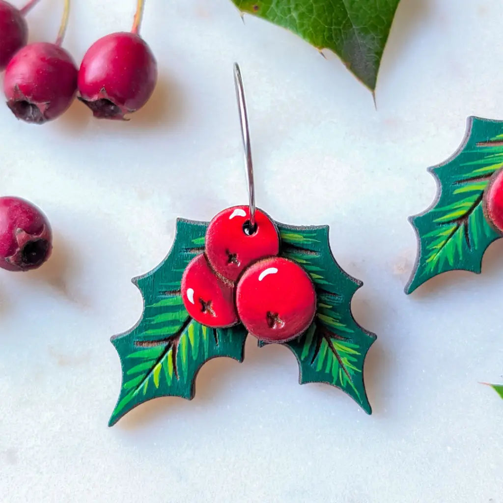 Holly Berry Earrings Dangle and Drop Earrings