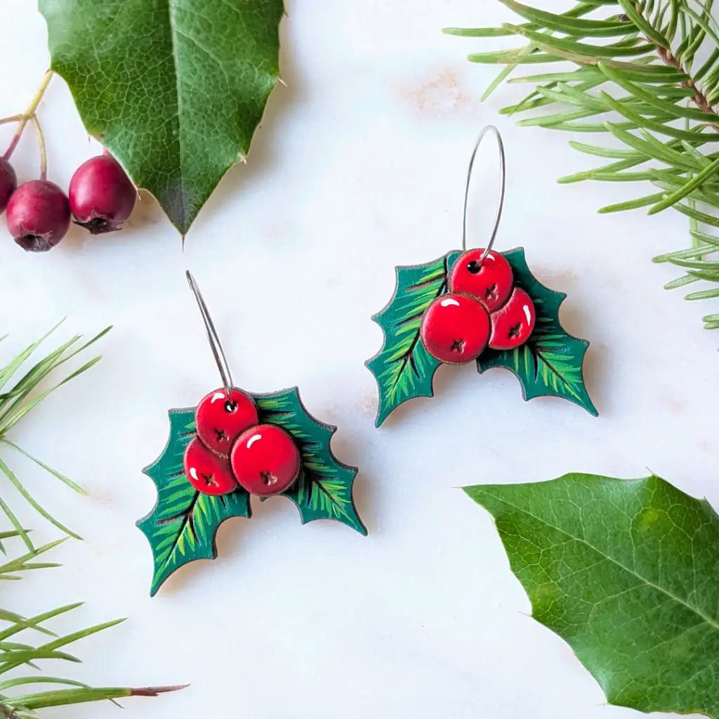 Holly Berry Earrings Dangle and Drop Earrings