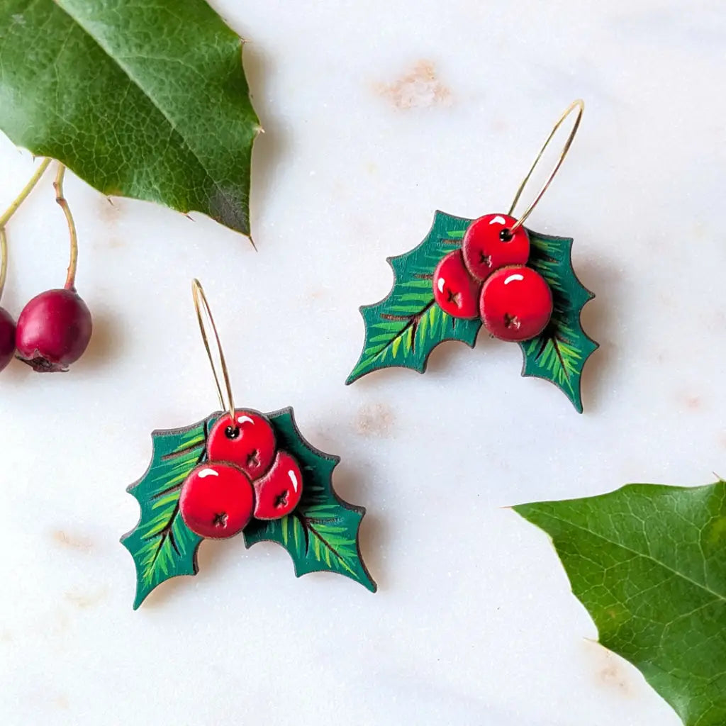 Holly Berry Earrings Gold Hoops Dangle and Drop Earrings