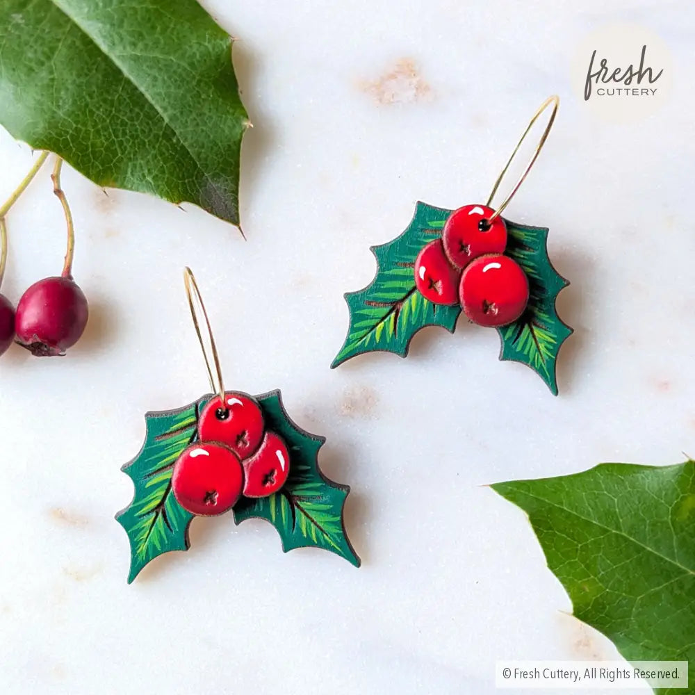 Holly Berry Earrings Gold Hoops Dangle and Drop Earrings