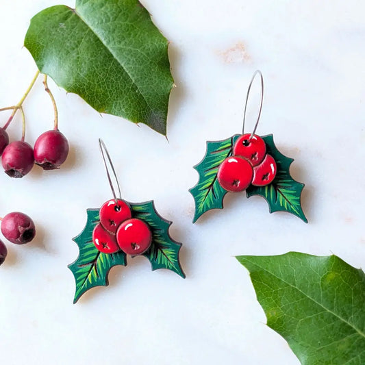 Holly Berry Earrings Silver Hoops Dangle and Drop Earrings