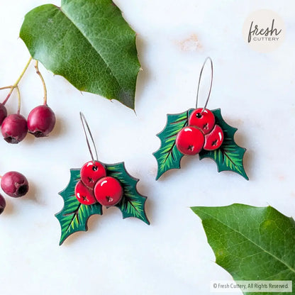 Holly Berry Earrings Silver Hoops Dangle and Drop Earrings