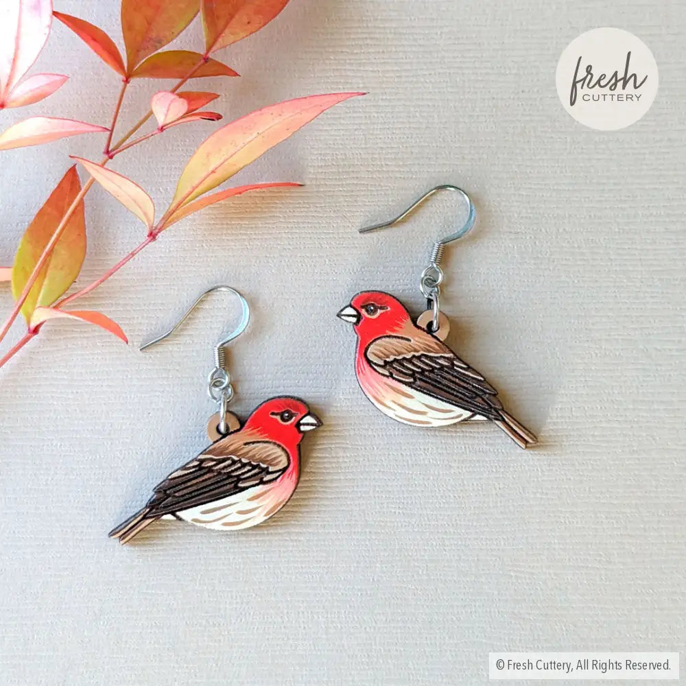 House Finch Mini Hoops Silver Ear Wires Dangle And Drop Earrings