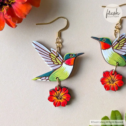Hummingbird Flower Earrings Dangle and Drop Earrings