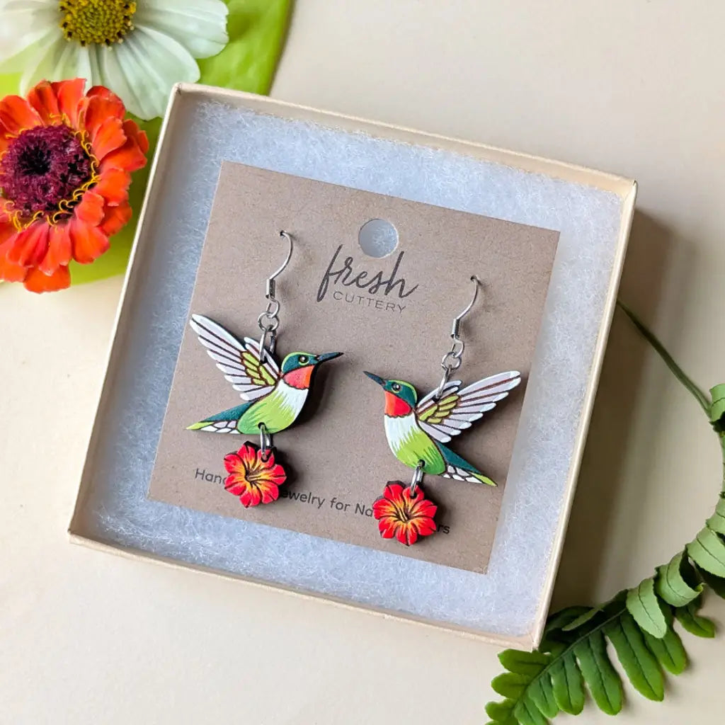 Hummingbird Flower Earrings Dangle and Drop Earrings