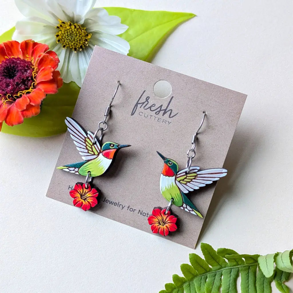 Hummingbird Flower Earrings Dangle and Drop Earrings