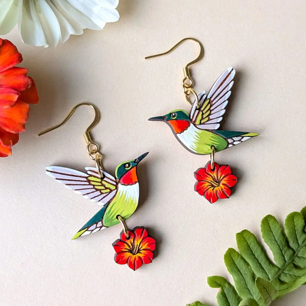 Hummingbird Flower Earrings Dangle and Drop Earrings