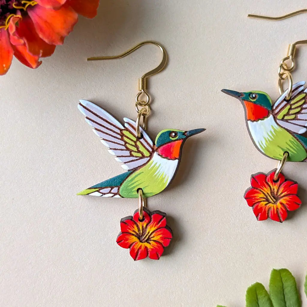 Hummingbird Flower Earrings Dangle and Drop Earrings