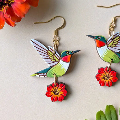 Hummingbird Flower Earrings Dangle and Drop Earrings