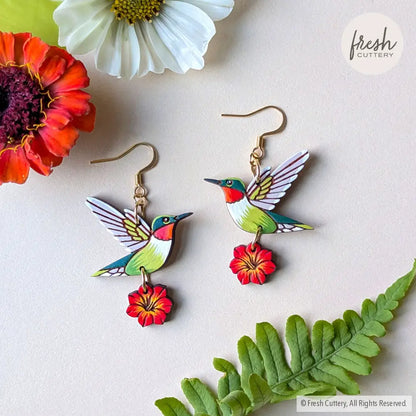 Hummingbird Flower Earrings Gold Ear Wires Dangle and Drop Earrings