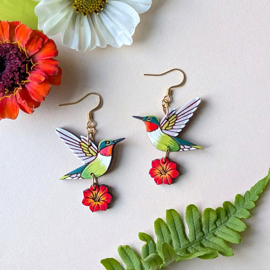 Hummingbird Flower Earrings Gold Ear Wires Dangle and Drop Earrings
