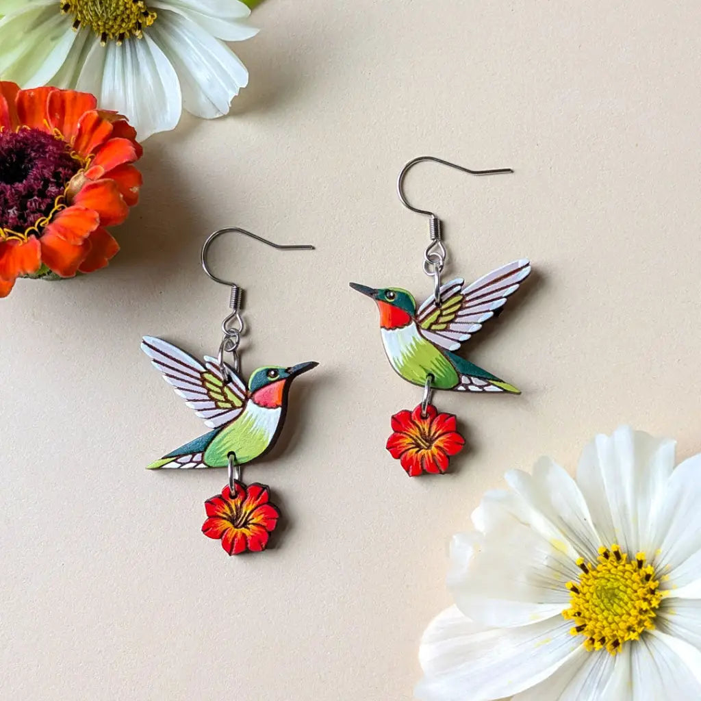 Hummingbird Flower Earrings Silver Ear Wires Dangle and Drop Earrings
