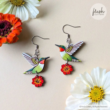 Hummingbird Flower Earrings Silver Ear Wires Dangle and Drop Earrings