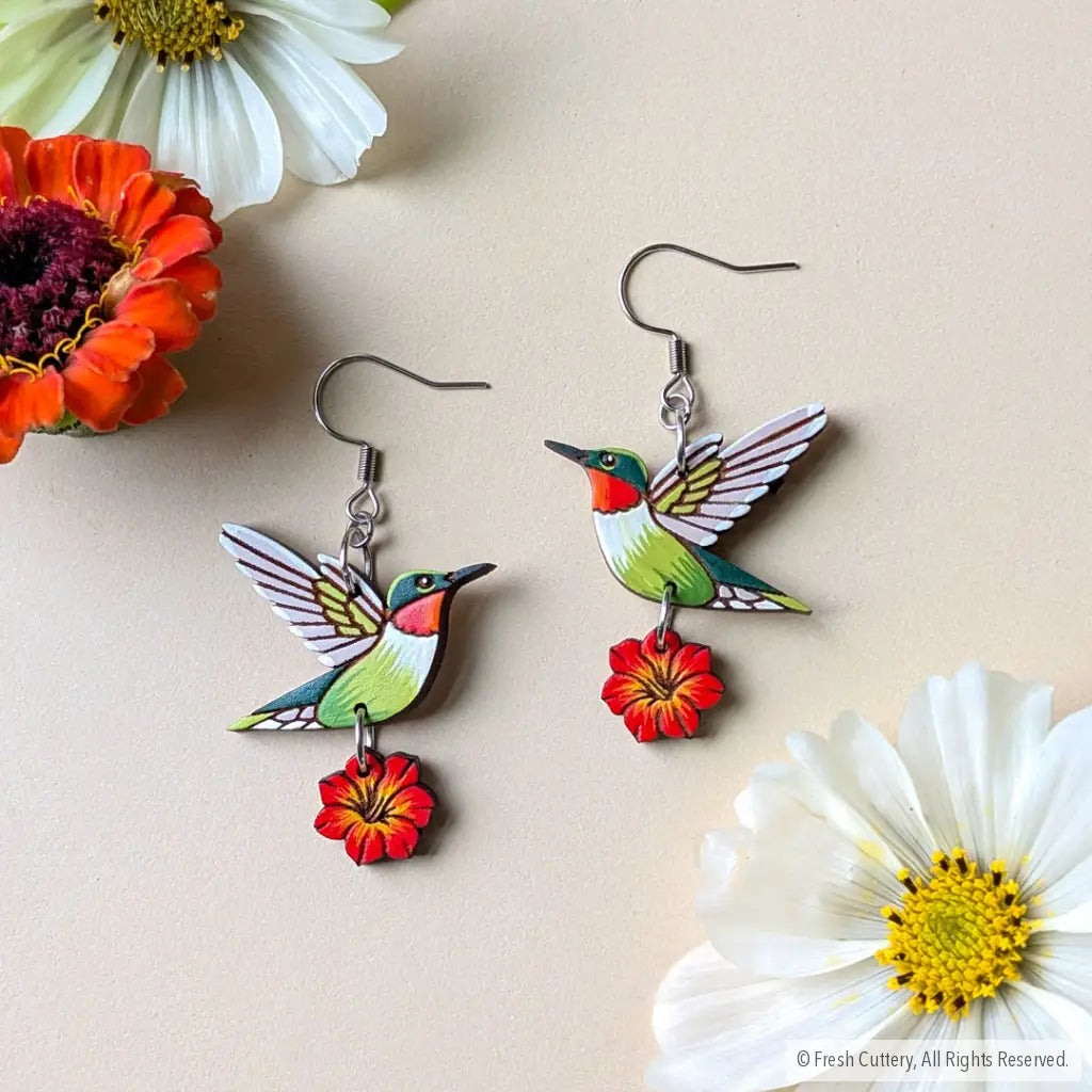Hummingbird Flower Earrings Silver Ear Wires Dangle and Drop Earrings