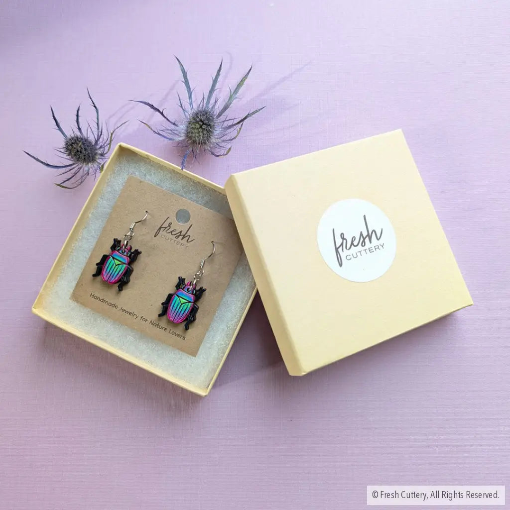 Iridescent Beetle Earrings Dangle and Drop Earrings