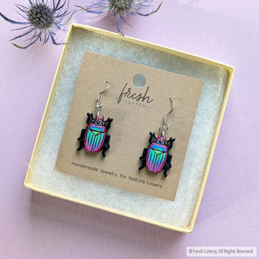 Iridescent Beetle Earrings Dangle and Drop Earrings