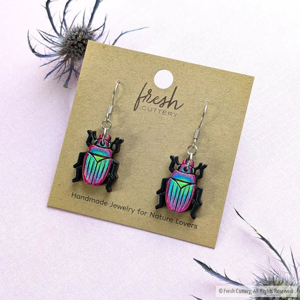 Iridescent Beetle Earrings Dangle and Drop Earrings