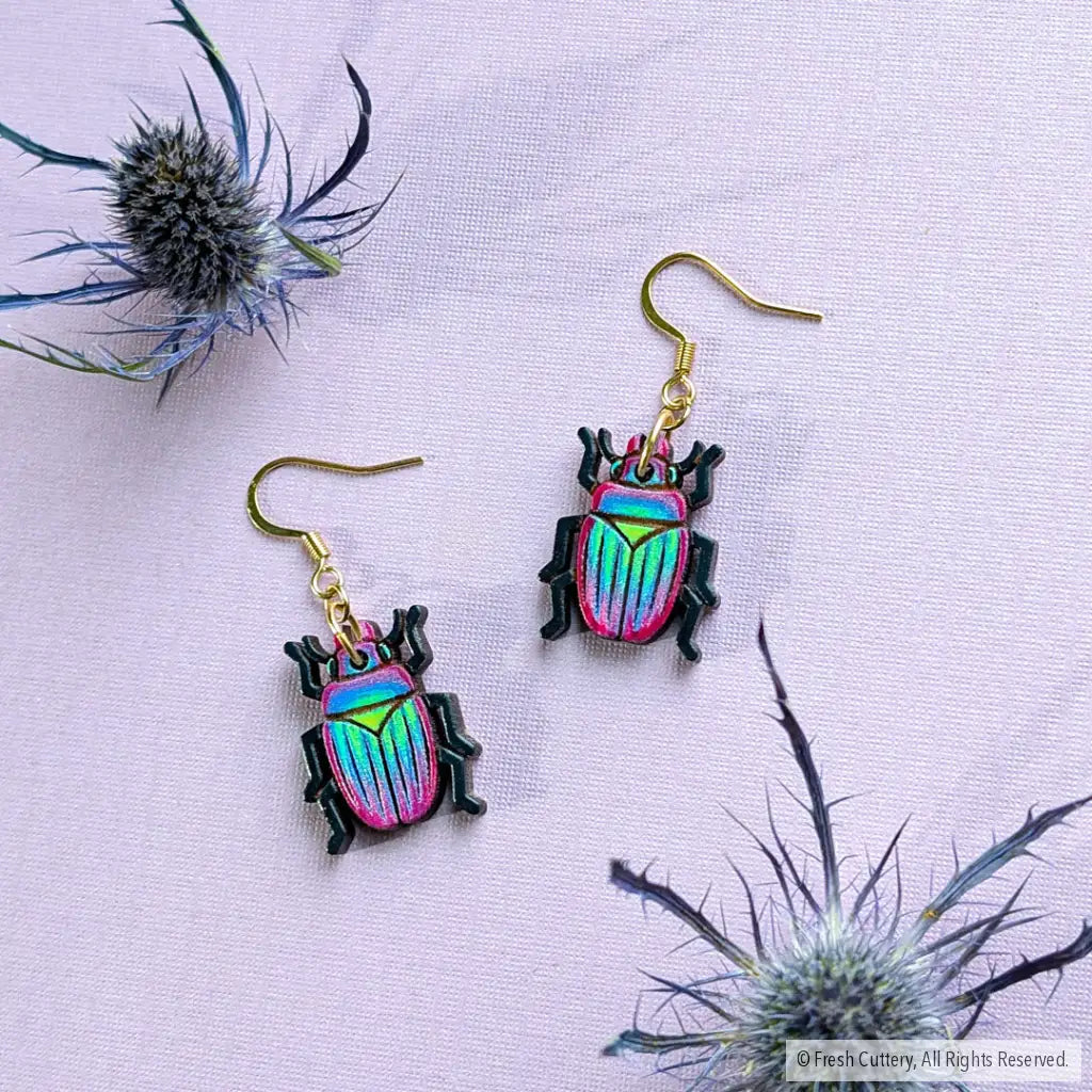 Iridescent Beetle Earrings Gold Ear Wires Dangle and Drop Earrings