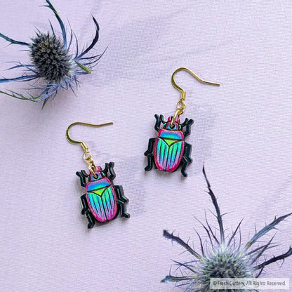Iridescent Beetle Earrings Gold Ear Wires Dangle and Drop Earrings